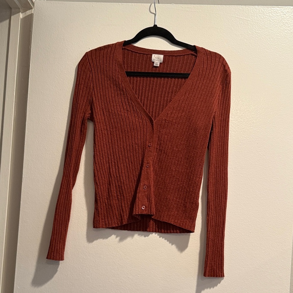 Rust Orange Ribbed Button-Up Cardigan